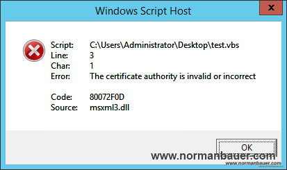 80072F0D msxml3.dll The certificate authority is invalid or incorrect