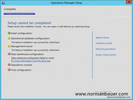 System Center 2012 SP1 Operations Manager Datawarehouse configuration failed to install