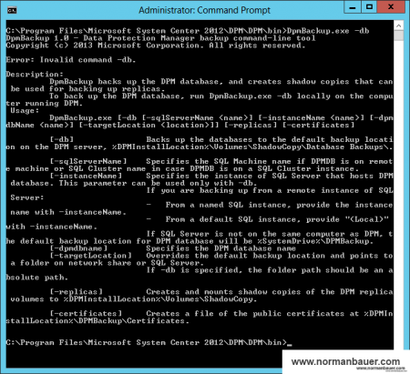 DPM Database Backup fails with invalid command