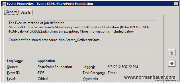 Hot to fix Sharepoint Event 6398 “Could not find stored procedure ‘dbo.Search_GetRecentStats’.”?