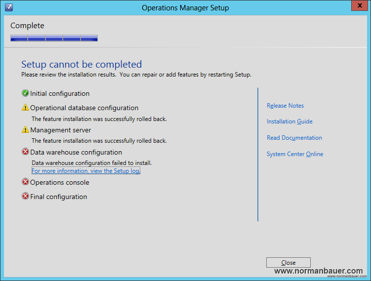 System Center 2012 SP1 Operations Manager: Datawarehouse configuration failed to install