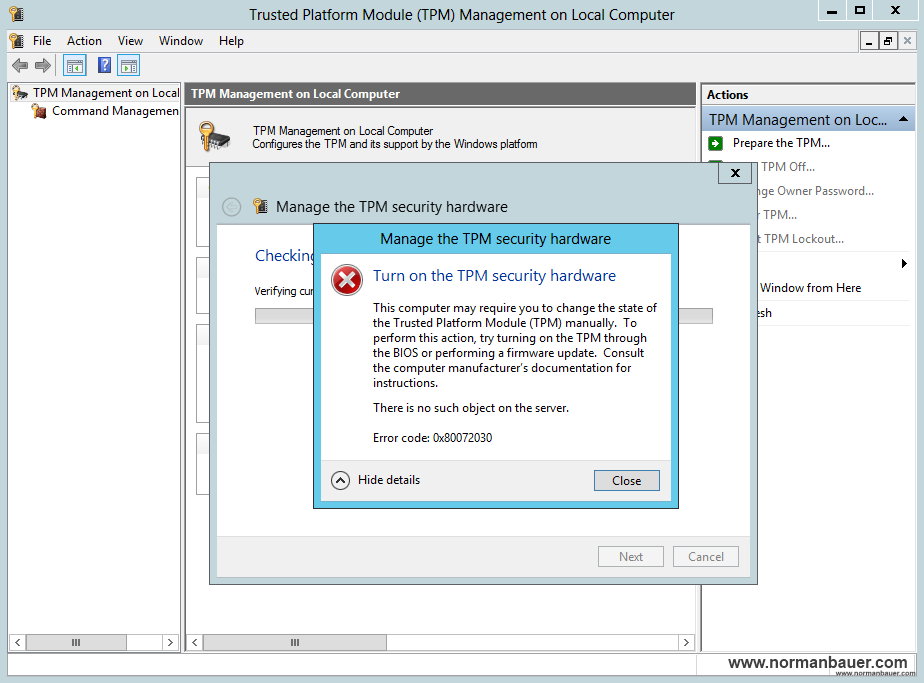 “No such object” when configuring TPM on Windows Server 2012 or Windows 8