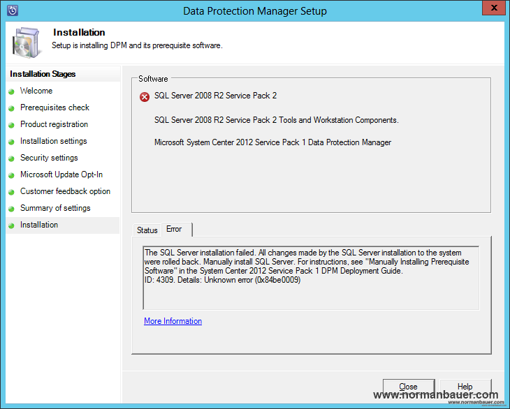 Data Protection Manager 2012 Setup: Error 4309 while installing SQL Server 2008 R2 SP1