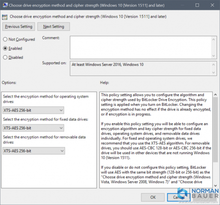BitLocker Group Policy Choose drive encryption method and cipher strength