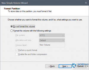 New Simple Volume Wizard Do not format this volume