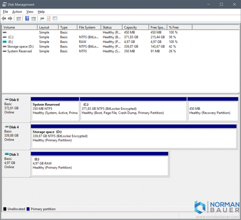 Windows 10 Disk Management with attached VHD and RAW filesystem