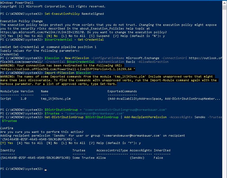 Configure SendAs Permissions on an Office365 Distribution Group using PowerShell