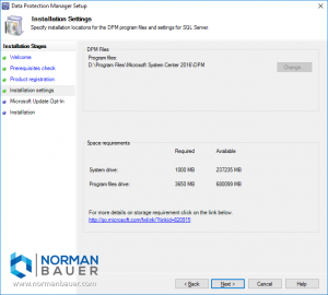 Install Data Protection Manager 1801 Installation directory