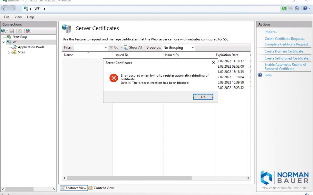 An error occured while enabling automatic rebinding of certificate in IIS