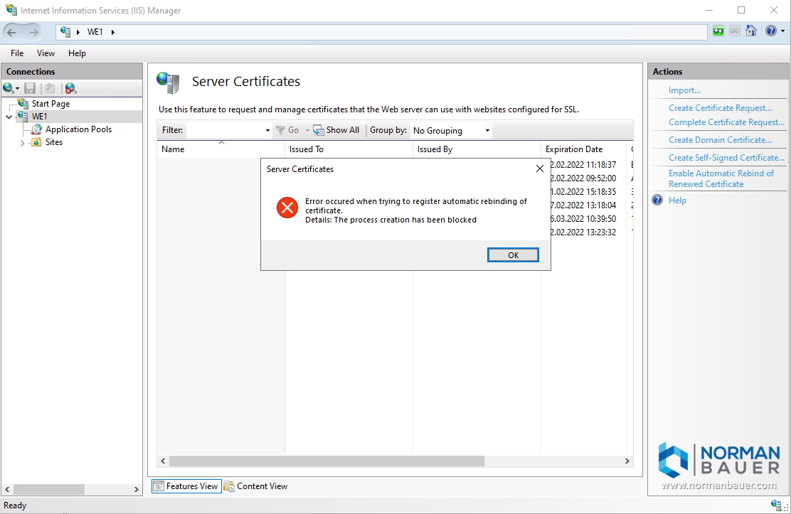 Error occured while enabling automatic rebind of renewed certificates