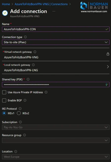 AzureToFritzBoxVPN Connect LNG and VNG Microsoft Azure