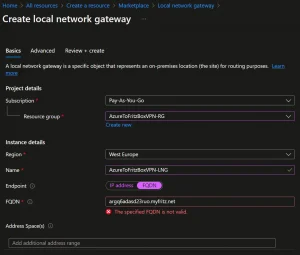 AzureToFritzBoxVPN Create local network gateway fails in portal Microsoft Azure