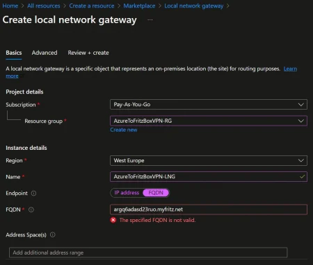AzureToFritzBoxVPN Create local network gateway fails in portal Microsoft Azure