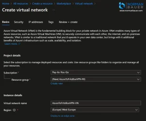 AzureToFritzBoxVPN Create virtual network Basics Microsoft Azure