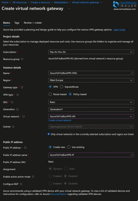 AzureToFritzBoxVPN Create virtual network gateway Microsoft Azure