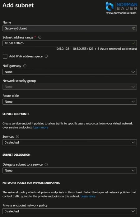 AzureToFritzBoxVPN Virtual network Add gateway subnet Microsoft Azure