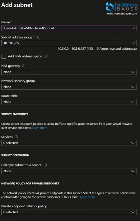 AzureToFritzBoxVPN Virtual network Add subnet Microsoft Azure